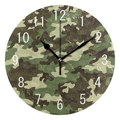 Image of Domoko Home Decor Military Camouflage Camo Round Acrylic Wall Clock Non Ticking Silent Art for Living Room Kitchen Bedroom
