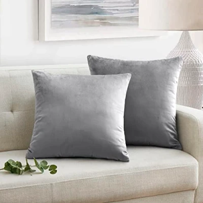 Image of Oxford Homeware Velvet Cushion Covers 45 x (Pack of 2) Square Throw Pillow Cases Decorative Silver Cover for Sofa Bedroom Living Room with Invisible Zipper (18 18 Inch)
