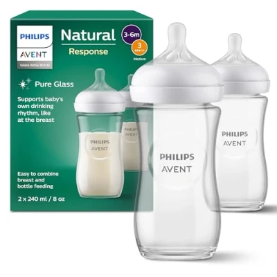 Image of Philips Avent Natural Response Glass Baby Bottle 2X 240ml Milk Bottle, BPA Free for Newbown Babies 1 Month+ (Model SCY933/02)