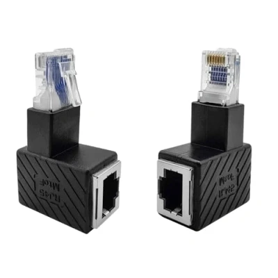 Image of iYueMps RJ45 Ethernet Adapter, 2Pack Cat5 Cat5e Male to Female 90 Degree Angled Up+ Down Plug Socket Adapter Shielded Network Patch Connection