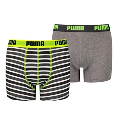 Image of Puma BOYS Basic Boxer Printed Stripe 2 PACK Pants for kids, Size: 9 10y, Fluo yellow/grey