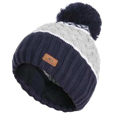 Image of Trespass Kids Bobble Hat Knitted Beanie Fleece Lined Axel Navy