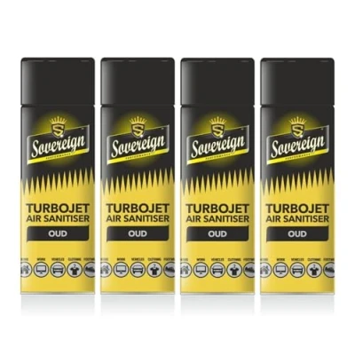 Image of 4 x Bundle New Scents Sovereign Car Home Office Gym Turbojet Air Sanitiser Freshener Spray (Oud)