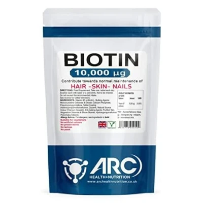 Image of Biotin 10,000mcg Vitamin B7, Hair Growth, Skin &amp; Nails High Strength 180 Tablets Suitable for Vegetarian and Vegan, Made in UK