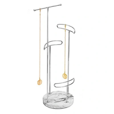 Image of Sasha Morel 4 Tier Jewellery Stand Hanging Tree Organiser Necklace with Marble tray Ring Holder Storage for Bracelet, Earring, Watch (Silver)