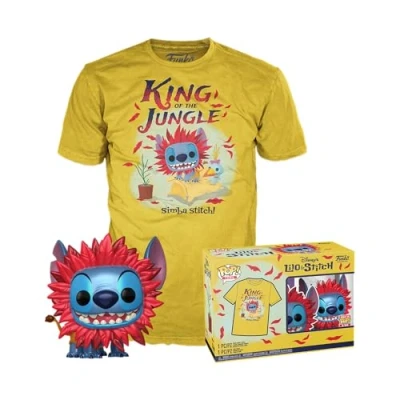 Image of Funko POP! &amp; Tee: Stitch Costume Simba M T Shirt Clothes With Collectable Vinyl Figure Gift Idea Toys and Short Sleeve Top for Adults Unisex Men Women Official Merchandise