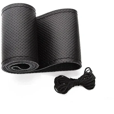 Image of LondonExpress Universal Real Leather Car Steering Wheel Stitch On Wrap Cover DIY Sewing Breathable and Anti slip, 15 Inch Black UK