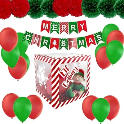 Image of eBoutik Elf Arrival Delivery Box &amp; Adhesive Icons Christmas Children Red White Transparent With Balloons Decoration Ideal for Parties, Eve, Includes Xmas Party Pack