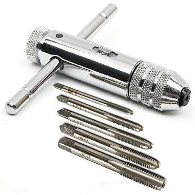 Image of Deolven T Handle Ratchet Tap Holder Wrench,Adjustable HSS Shaped/T Type One Hand and Die Set Tapping Threading Tool with 5 Pack Thread Screw M3 M8 3mm 8mm