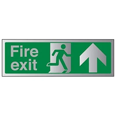 Image of V Safety Fire Exit Arrow Up Sign 300mm x 100mm Self Adhesive Alu Effect