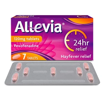 Image of Allevia Hayfever Allergy Tablets, Prescription Strength 120 mg Fexofenadine, 24hr Relief Acts Within 1 Hour, Including Sneezing, Watery Eyes, Itchy and Runny Nose, 7 Tablets