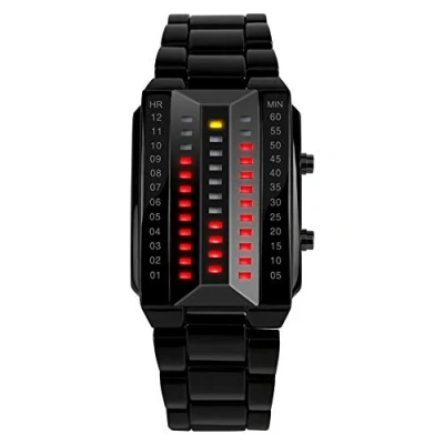 Image of FeiWen Unique Black Stainless Steel Binary Digital Watches for Men and Women Red Yellow LED Lights Rectangle Dial Fashion Style Wristwatches Date (Large)