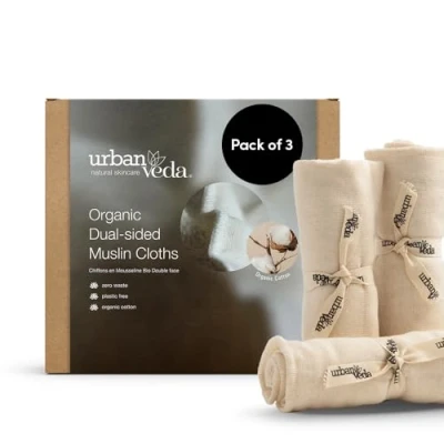 Image of Urban Veda Organic Muslin Cloths Pack of 3 Certified 100% Cotton Dual sided Adult and Baby Face Cloth Simple Towel Eco Friendly Flannels With Travel Bag