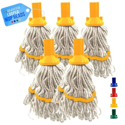 Image of Yellow Looped Cotton Mop Heads Replacement with Absorbent Yarn, Self Threading Floor Head, Mops for Hard Floor, Tiles, Wood, Laminate Color Coded Commercial Cleaning Pack of 5