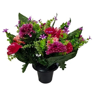 Image of INERRA Cemetery Grave Vase Pot with Pink and Cerise Artificial Chrysanthemum Flowers