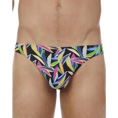 Image of AIPING Men&#039;s String Funky Styles G Panties, Imprimé feuilles stylisées et colorées sur Fond Noir, M