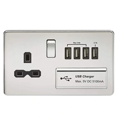 Image of KnightsBridge 13A 2G Screwless Polished Chrome 1G Switched Socket with Quad 5V USB Charger Ports Black Insert