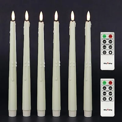 Image of Rhytsing Natural White Flameless Taper Candles with Timer Function, Battery Operated Dinner Long Candlestick Wax Drip Design, Warm LED, 2 Remotes Included Set of 6 29cm
