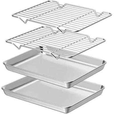 Image of AIKKIL Baking Sheet with Rack Set [2 Sheets + 2 Racks], Stainless Steel Cookie Pan Tray Cooling Rack, Non Toxic &amp; Heavy Duty Easy Clean (12 x 10 1 inch)