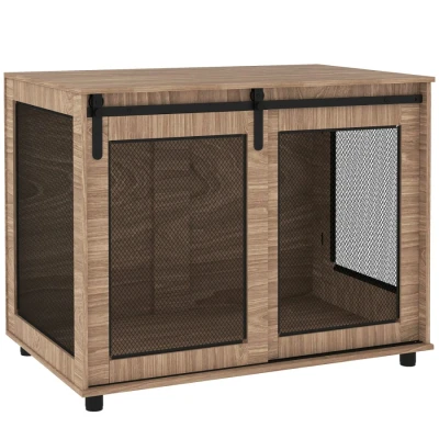 Image of PawHut Dog Crate Furniture, Cage End Table with Sliding Barn Door, Pet Kennel for Large Dogs, 98 x 60 78cm, Walnut Brown