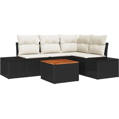 Image of vidaXL 5 Piece Garden Sofa Set with Cushions Black Poly Rattan Acacia