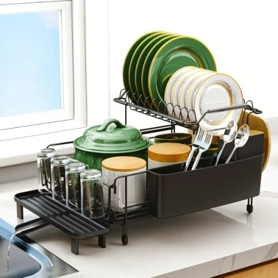 Image of Runnatal Large Dish Drying Rack with Drainboard Set, Extendable Rack, Utensil Holder, Cup Capacity 2 Tier Expandable Drainer for Kitchen Counter