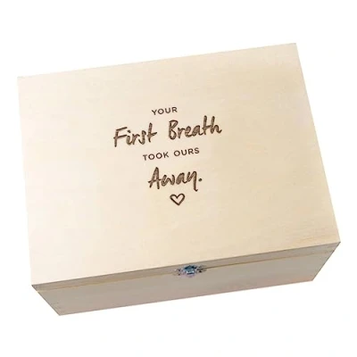 Image of Wooden Engraved Keepsake Box/Baby Memory Box/Engraved Gifts for New Parents/Baby&#039;s First Christmas/Newborn Girl Boy (Your Breath Took Ours Away)