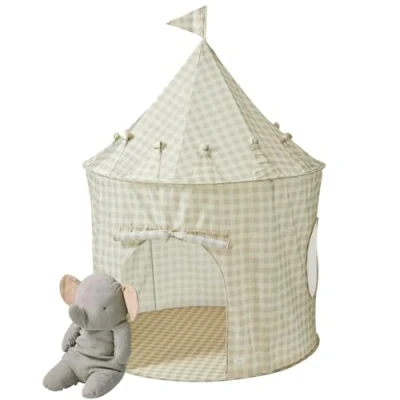 Image of 3 Sprouts Kids Play Tent Sustainable Recycled Fabric Fun Spacious Childs Playhouse for Indoor Games Boys &amp; Girls Durable Fort Pop Up House Toddlers Children Age 10 Gingham Beige