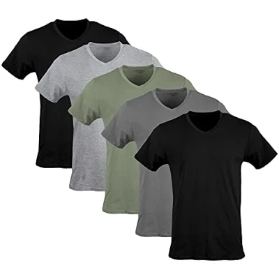 Image of Gildan Men&#039;s V Neck T Shirts, Multipack, Style G1103 Underwear, Black/Sport Grey/Charcoal/Military Green (5 Pack), Large (Pack of 5)