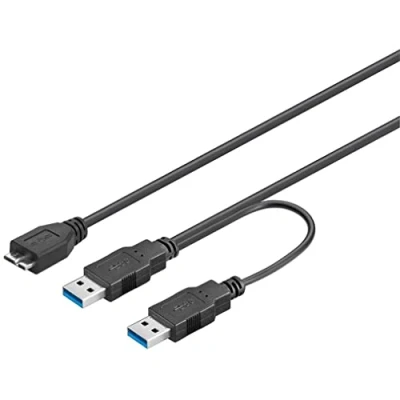 Image of PremiumCord USB 3.0 Power Supply Y Cable, Micro B Male to 2 x A Male, SuperSpeed Data Cable up 5 Gbit/S, Colour Black, Length 0.3 m