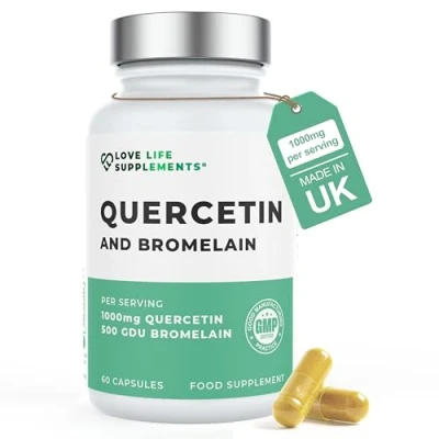 Image of Quercetin &amp; Bromelain Supplement 60 Capsules 30 Servings Powerful Antioxidant 1000mg (from Sophora japonica) and 500 GDU Pineapple) per Serving Love Life Supplements