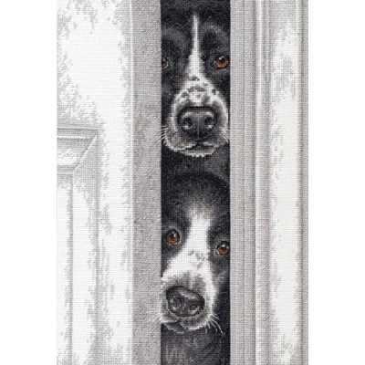 Image of Dimensions Peeking Pups Counted Cross Stitch Kit, 14 Ct. White Aida, Cotton, Multicolor, Finished Project 10&quot; x 14&quot;