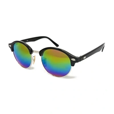Image of WS UK Round Lens Half Rim Sunglasses with UV400 Protection Unisex (Black Frame Rainbow Mirrored Lens)