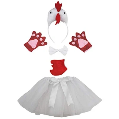 Image of Petitebelle Hen Headband Bowtie Tail Gloves Tutu 5pc Girl Costume 1 10y (White, 5 10 Years)