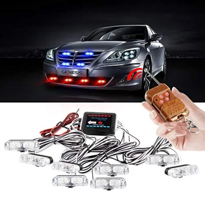 Image of yifengshun 8 in 1 LED Emergency Strobe Lights for Trucks Vehicles Warning Flashing Guide Grille Flash DRL Police Car Motorcycle DC12V Wireless Remote Control (Blue &amp; Red)
