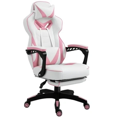Image of Vinsetto Computer Gaming Chair, Racing Desk Chair with Lumbar Support and Footrest, PU Leather Gamer Headrest Swivel Wheels for Home, Pink