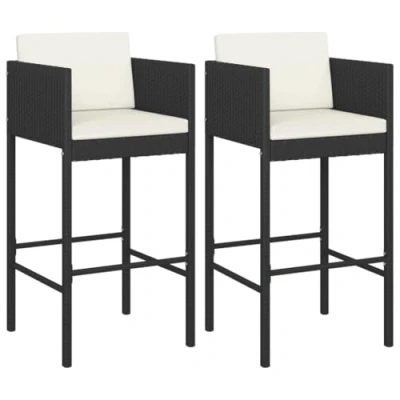 Image of vidaXL Black Poly Rattan Bar Stools Set of 2 Comfortable Outdoor Seating with Cushions, Lightweight, Weather Resistant, for Patio, Garden