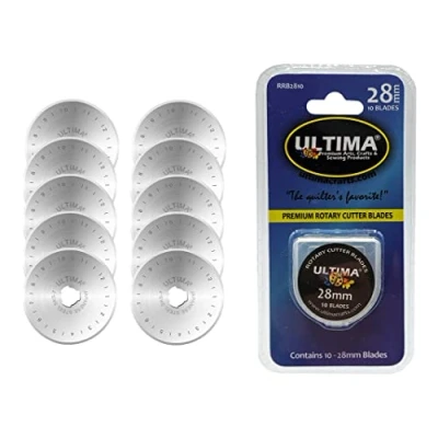 Image of Ultima 28mm Rotary Cutter Blades 10 Per Pack Fits Most Cutters Including Fiskars, Olfa, Martelli and TrueCut Cuts Quilting Fabric, Leather, More