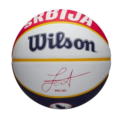 Image of Wilson Basketball, NBA Player Icon, Nikola Jokic, Denver Nuggets, Outdoor and Indoor, 7, Blue / Yellow