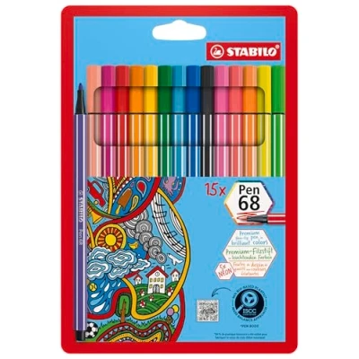 Image of Premium Fibre Tip Pen STABILO 68 Pack of 15 Assorted Colours including 5 Neon