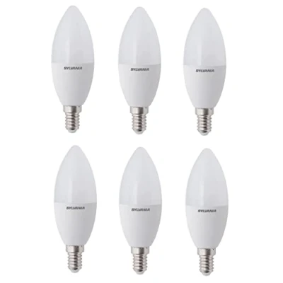 Image of SYLVANIA Quantity 6 LED Light Bulb, Frosted Finish, Candle Shape, E14 Cap, 60W Equivalent Wattage, 806 Lumens, Daylight Colour (6500K), Non Dimmable. for All Rooms and Commercial Applications.
