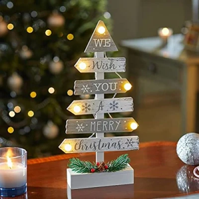 Image of Marco Paul Wooden Christmas Tree with 6 LED Lights Decorations, Battery Powered Hand Painted Silver and White Xmas Light Up Decoration for Home, Office, Indoor Use