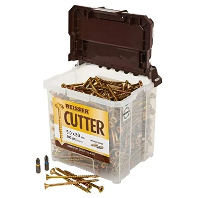 Image of Reisser 8221416PB Cutter Pozi Countersunk Yellow Coated Woodscrew 2000 Pieces with 2 PZ2 Bits, 4 mm Diameter x 16 Length