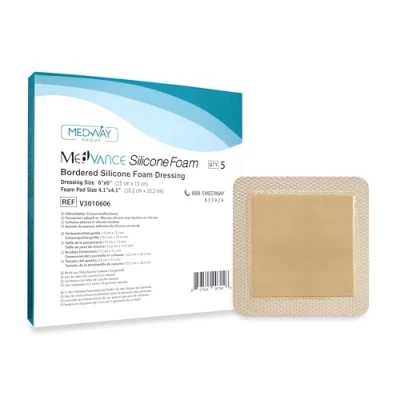 Image of MedVanceTM Silicone Bordered Adhesive Foam Dressing Size 15 cm x (10 10 pad), Box of 5 dressings