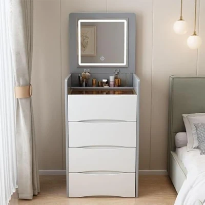 Image of binularg Vanity Desk, Desk with LED Lighted Mirror, Dressing Table Set Cushioned Stool and 3 Drawer Cabinet Multifunctional Bedside (A)