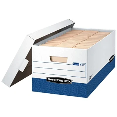 Image of Bankers Box 12 Pack Presto Heavy Duty File Storage Boxes, Instant Assembly, Lift Off Lid, Letter, White/Black