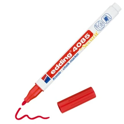 Image of edding 4085 chalk marker red 1 pen round nib 2 mm fine wet wipe for chalkboards, windows, glass, mirrors liquid pens opaque coverage