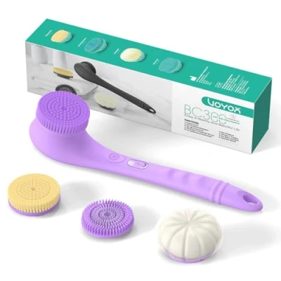 Image of VOYOR Electric Body Brush Back Scrubber Two Way Rotating Head 4 Accessories for Whole Body, Rechargeable Cordless IPX6 Waterproof Exfoliating Brush, Long Handle Bath BC300 (Purple)