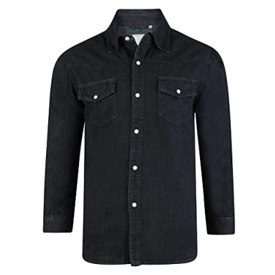 Image of Kam Jeans Mens Long Sleeved Full Button Denim Shirt with Chest Pockets, Big and Tall, King Size, Black, 4XL