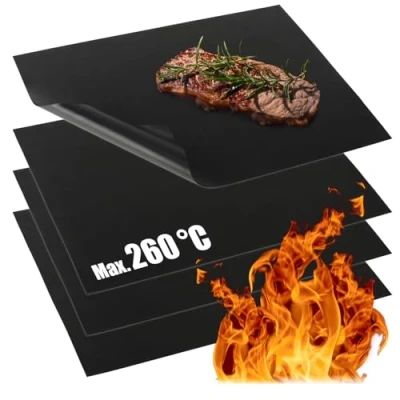 Image of COM FOUR® 4X BBQ Grill mat Made of Teflon Heat Resistant Baking Non Stick foil and Reusable, Cut to Size, Dishwasher Safe (4 Pieces Black)